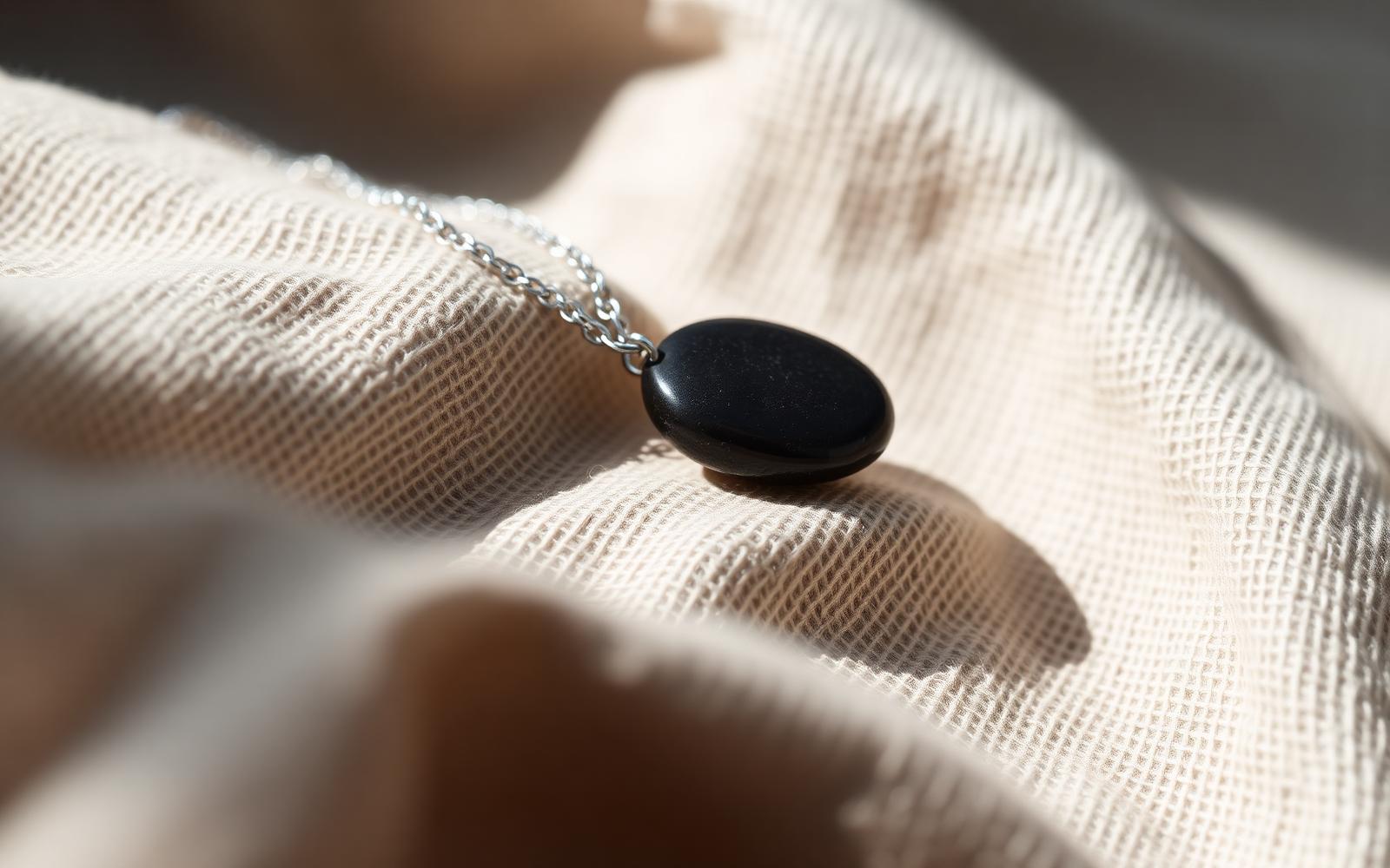 En mörk slät sten på ett silverkedjehalsband, liggande på rått linnetyg i sidoljus